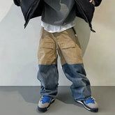 Hearujoy Color Match Ripped Hole Baggy Multi-pockets Wide Leg Cargo Pants Mens Streetwear Patchwork Loose Baggy Overalls Oversized Jeans